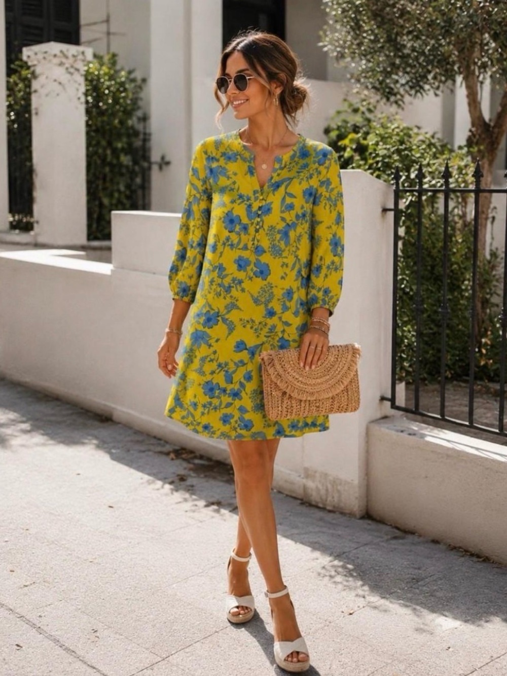💙💛 Cabi Yellow Blue Floral Tunic Dress Size L Flowy Boho Lightweight💙💛